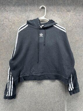 Adidas Originals Hoodie Womens Large Black Cropped 3 Stripe Trefoil Pullover